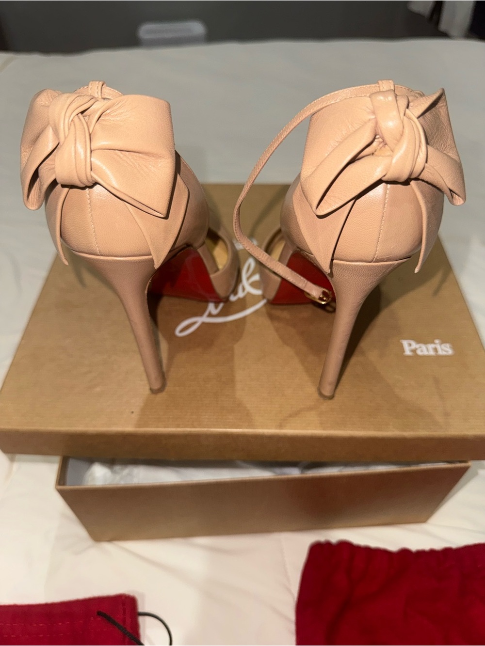 Christian Louboutin Blush Nude Bow Ankle-Strap Stiletto Heels with Dust Bags